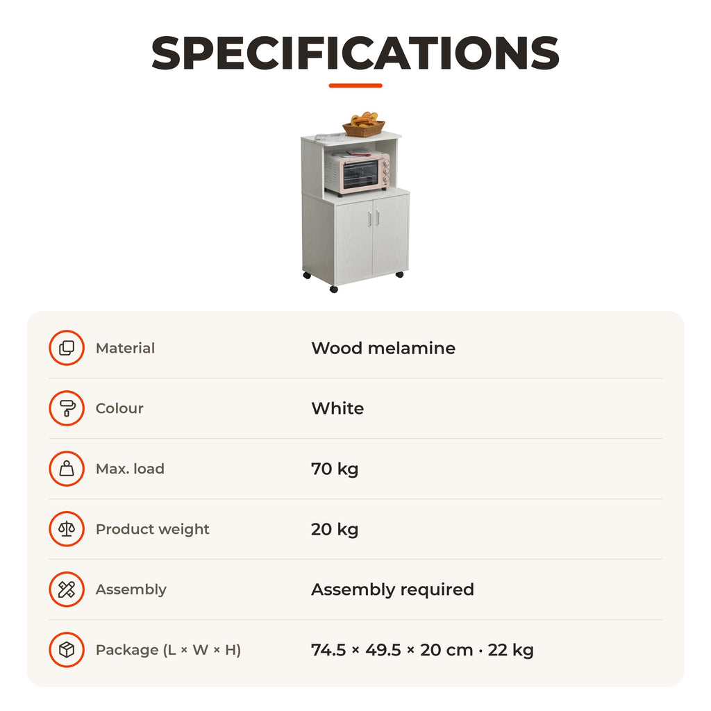 Armário Auxiliar para Microondas Armário de Cozinha Baixo com Armário de 2 Portas e Prateleira Ajustável com Rodas Carga 70 kg 60,4x40,3x97 cm Branco — Especificações | Specifications