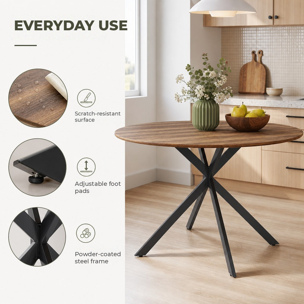 Mesa de Refeição Redonda para 4 Pessoas Mesa de Cozinha Industrial com Estrutura de Aço Ø120x75 cm Marrom — Características | Features