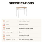 Mesa Consola Mesa Auxiliar com 2 Gavetas para Entrada Corredor Sala de Estar 87x34x78,5cm Branco e Madeira — Especificações | Specifications