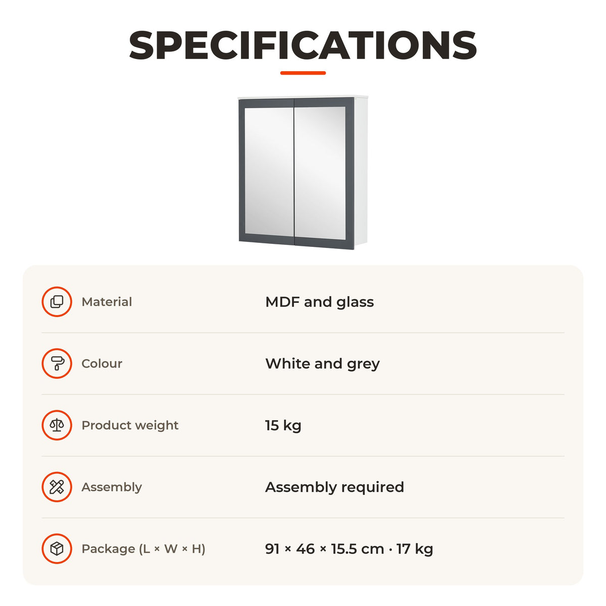 Armário de Casa de Banho com Espelho Armário Casa de Banho de Parede Móvel Casa de Banho Suspenso com 2 Portas e Prateleiras Ajustáveis 69x17x75,5 cm Branco e Cinza — Especificações | Specifications