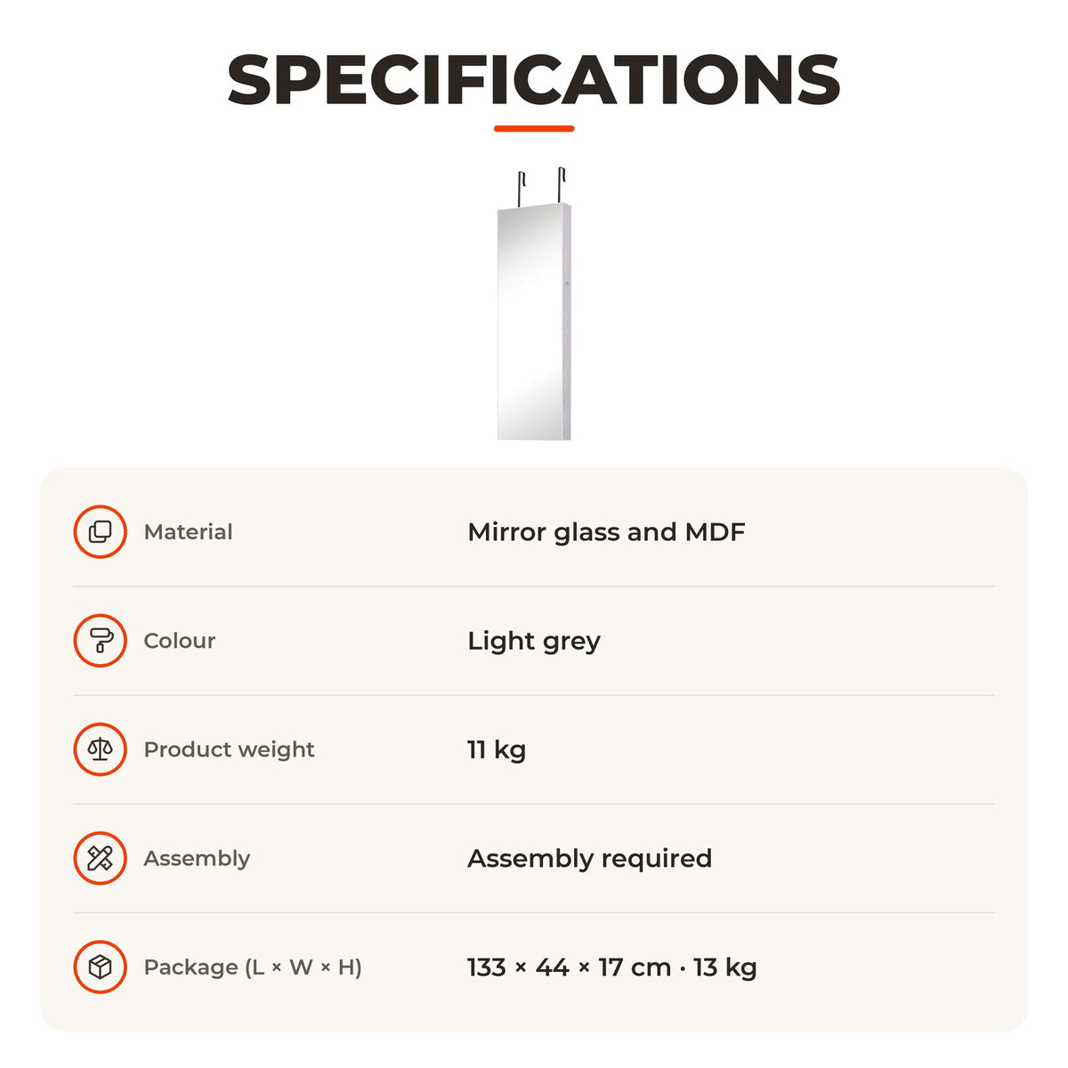 Espelho com Móvel de Bijuterias de Parede ou Porta Espelho de Parede com LED 5 Prateleiras 2 Gavetas pequenas e Fechadura 37x120x10cm Cinza Claro — Especificações | Specifications