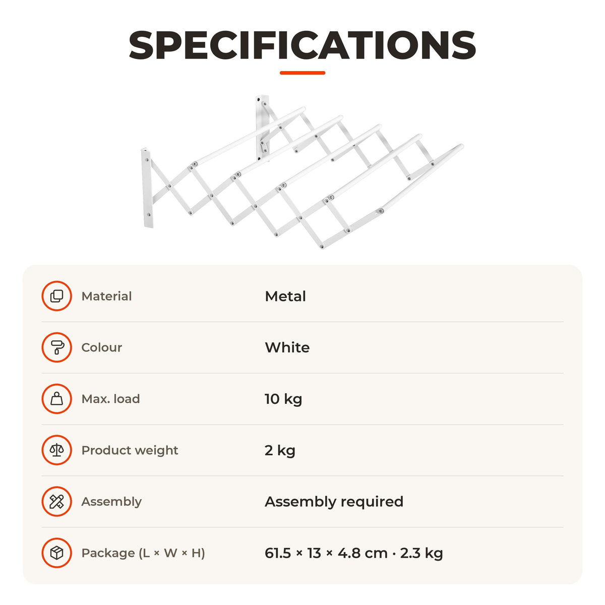 Estendal de Parede Extensível de 63,5cm de Metal com 5 Barras para Interior e Exterior Carga 10kg 63,5x60x20cm Branco — Especificações | Specifications