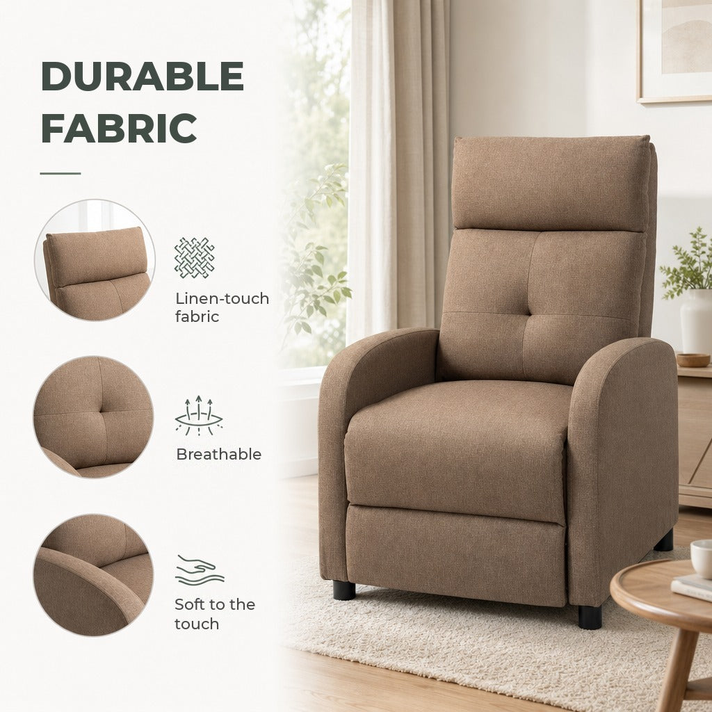 Poltrona Relax Reclinável até 155° Poltrona Reclinável Manual Estofado em Tecido Carga Máxima 150 kg para Pessoas com Altura Inferior 195 cm 67x87x98 cm Marrom — Características | Features