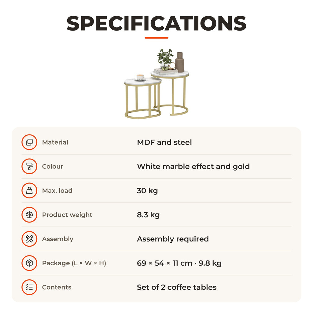Conjunto de 2 Mesas de Centro Mesas Auxiliares Modernas com Bancada de Efeito Mármore e Estrutura de Aço para Sala Quarto Branco e Dourado — Especificações | Specifications