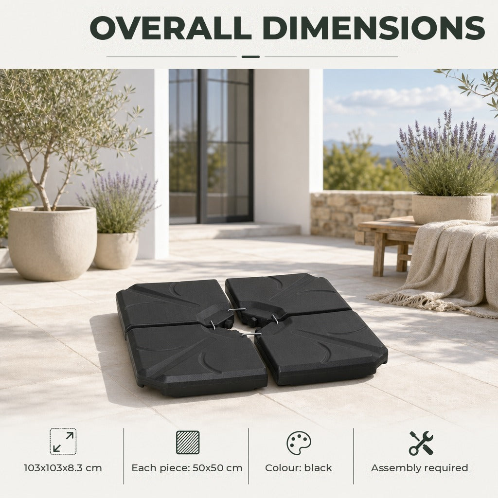 Base para Chapéu de Sol de 4 Peças Suporte para Chapéu de Sol Recarregável com Areia 72 kg ou Água 56 kg para Jardim Pátio ou Terraço Preto — Características | Features