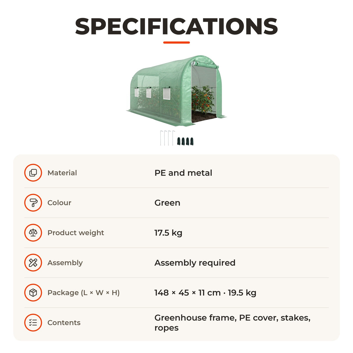 Estufa tipo Túnel 400x200x205 cm Estufa de Jardim com Porta Enrolável e 6 Janelas Cobertura de PE 140 g/m² Estrutura de Metal para Cultivo de Plantas Verduras Verde — Especificações | Specifications
