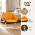 Poltrona de Sala de Estar Estofada em Couro Sintético e Veludo com Apoios para os Braços Pés Dourados e Estrutura de Aço Poltrona para Dormitório Carga 120 kg 64x62x72,5 cm Amarelo — Características | Features