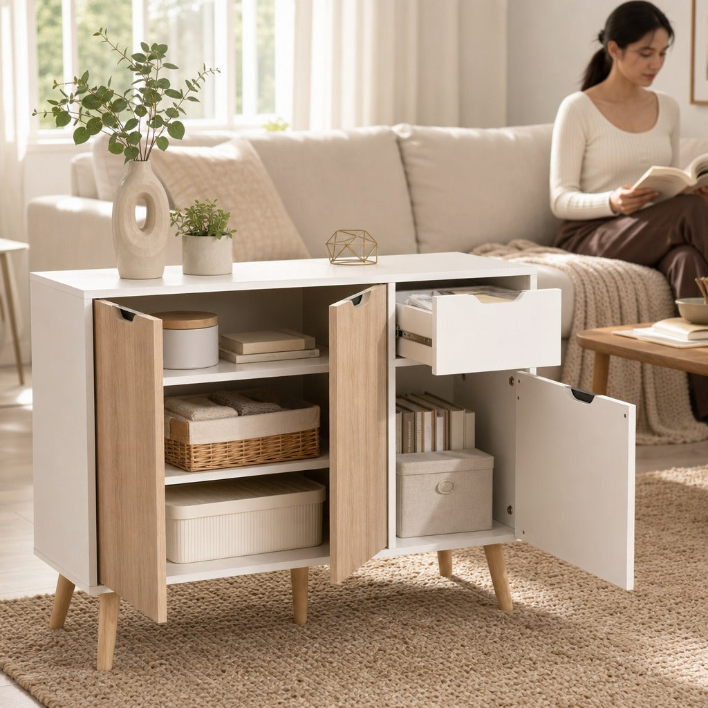 Aparador Móvel Auxiliar de Armazenamento com 2 Armários de Porta Gaveta Pés de Madeira para Sala de Estar Cozinha Dormitório 90x30x72cm Natural e Branco — Ambiente | Lifestyle