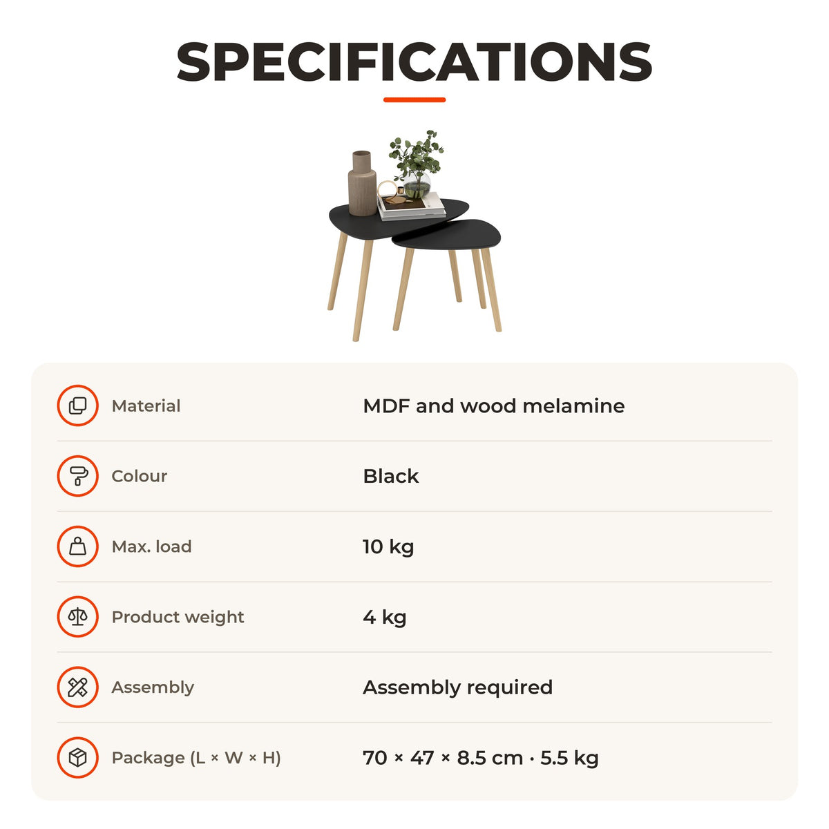 Conjunto de 2 Mesas Auxiliares com Pés de Madeira Mesas de Café para Sala de Estar Dormitório Escritório 59,5x39,5x45 cm e 44,5x28,5x40 cm Preto — Especificações | Specifications