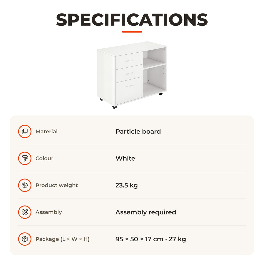 Armário de Escritório para Impressora Multifuncional com 3 Gavetas Prateleira Ajustável e Rodas 80x40x65cm Branco — Especificações | Specifications