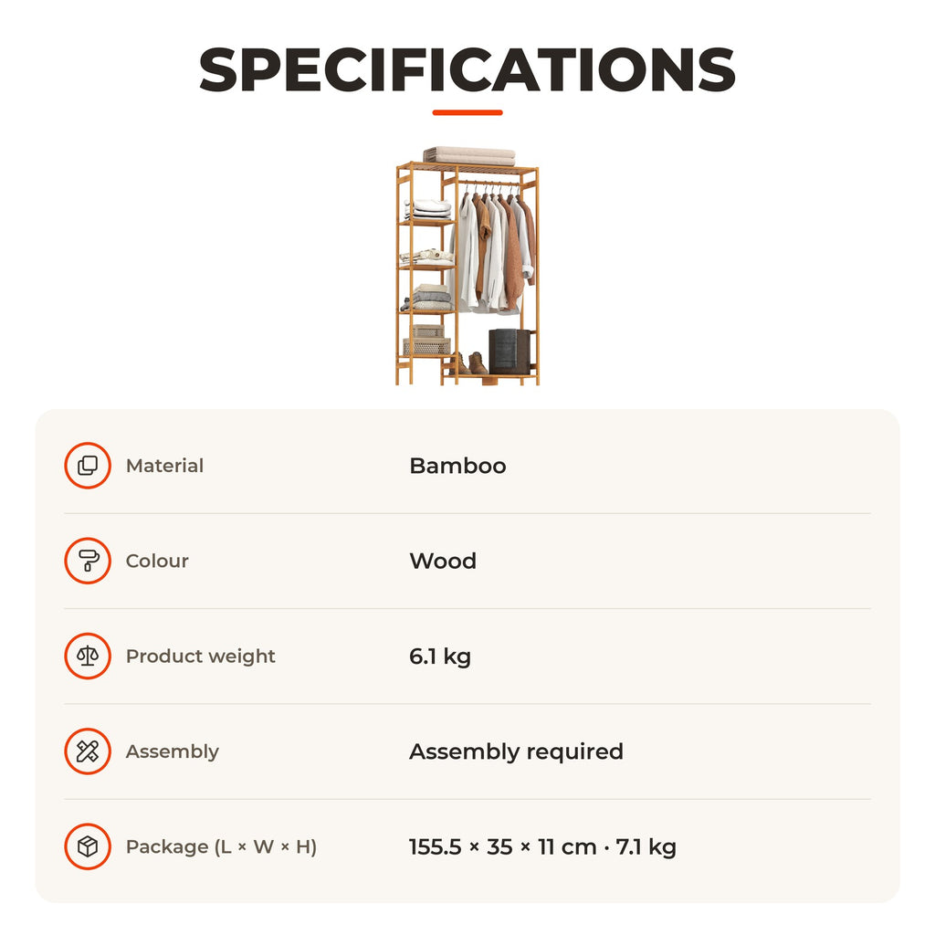 Suporte para Cabides de Bambu Cabideiro para Roupa com Prateleira de Armazenamento de 6 Níveis e Barra de Suspensão para Sala de Estar Dormitório Entrada 90x30x145 cm Madeira — Especificações | Specifications