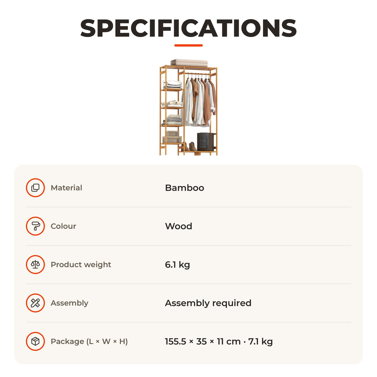 Suporte para Cabides de Bambu Cabideiro para Roupa com Prateleira de Armazenamento de 6 Níveis e Barra de Suspensão para Sala de Estar Dormitório Entrada 90x30x145 cm Madeira — Especificações | Specifications