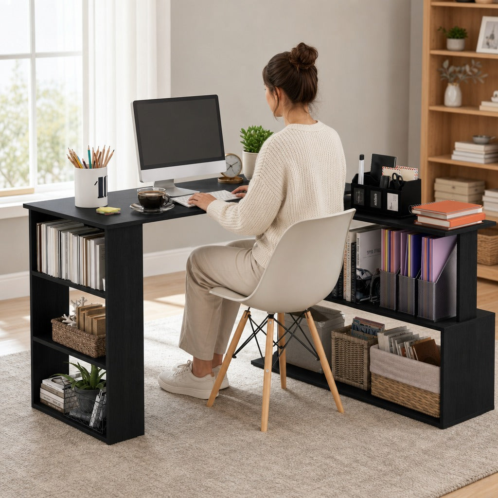 Mesa de Computador Secretária Mesa de Canto Giratória 360° com 5 Prateleiras para Casa Escritório Preto — Ambiente | Lifestyle