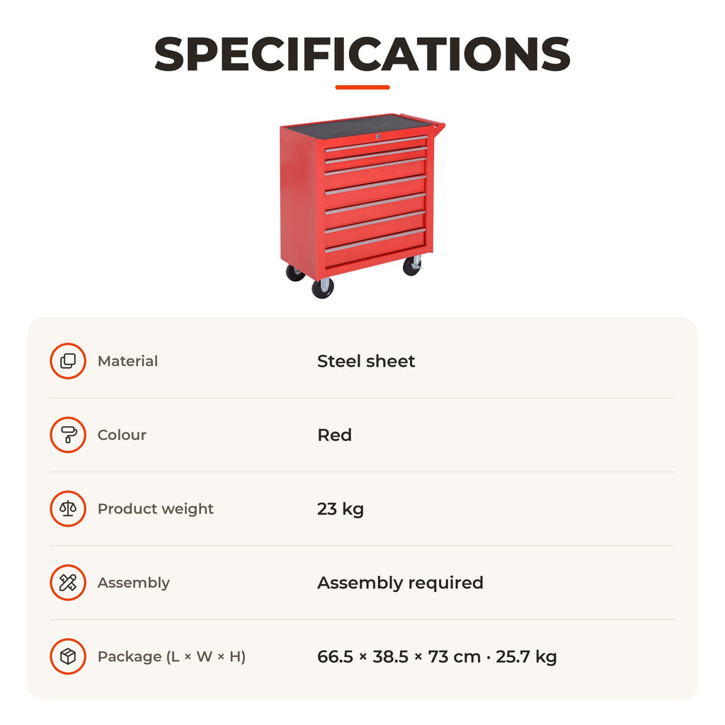 Carrinho de Ferramentas com 7 Gavetas, Carrinho de Oficina com Fechadura, Pega, 2 Rodas com Travão, para Garagem, Casa, Vermelho — Especificações | Specifications