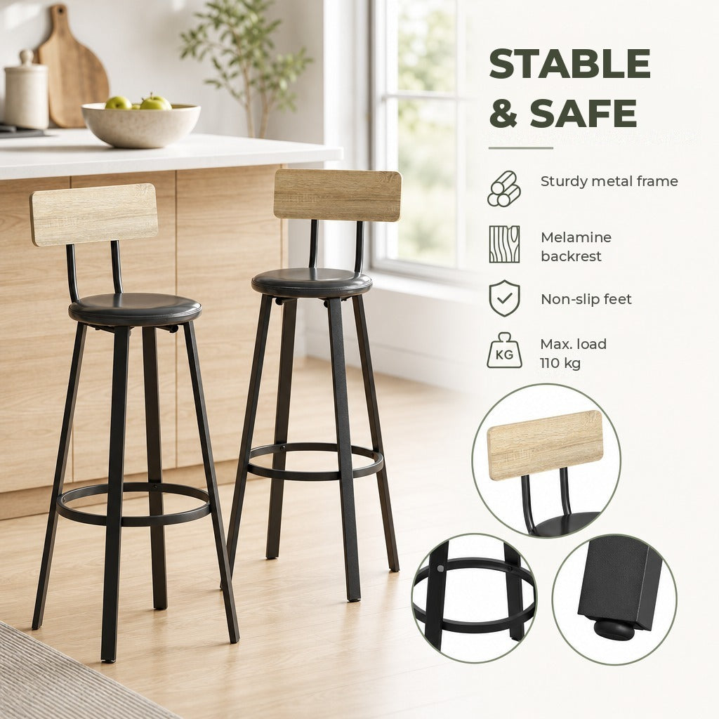 Conjunto de 2 Bancos de Bar Bancos Altos de Cozinha com Encosto e Apoio para Pés Estofados em PU Assento com 75,5 cm de Altura Fácil Montagem Estilo Industrial 41,5x36,5x99,5 cm — Características | Features