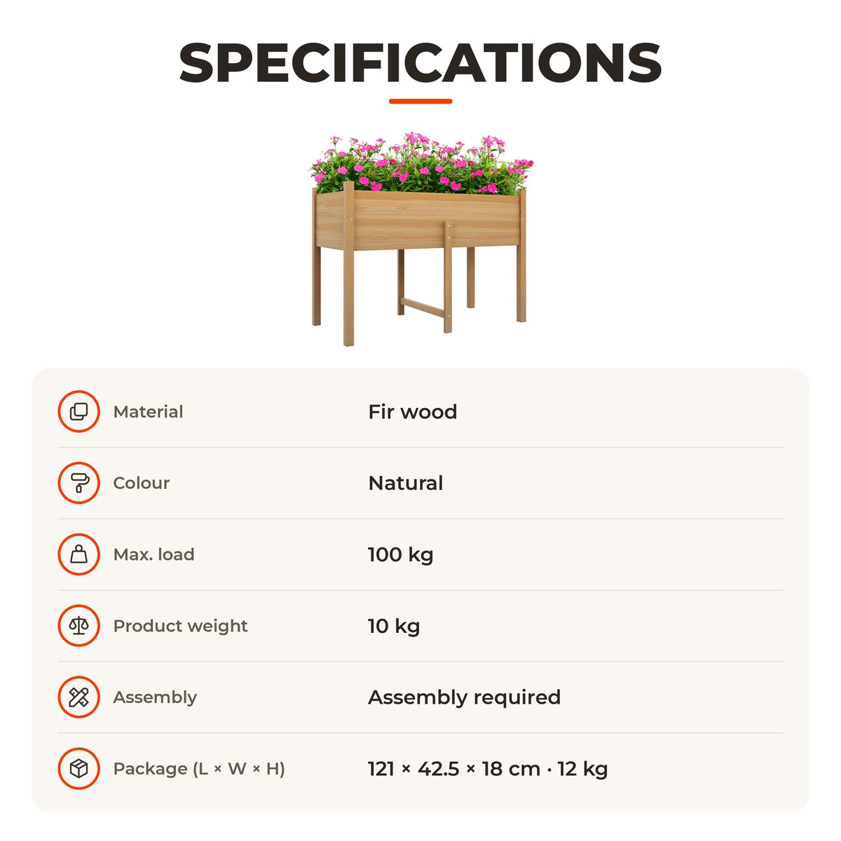 Horto Urbano Elevado Mesa de Cultivo em Madeira 115x55x80 cm Floreira de Cultivo com Tecido Não Tecido Carga 100 kg para Plantas, Flores e Legumes Natural — Especificações | Specifications