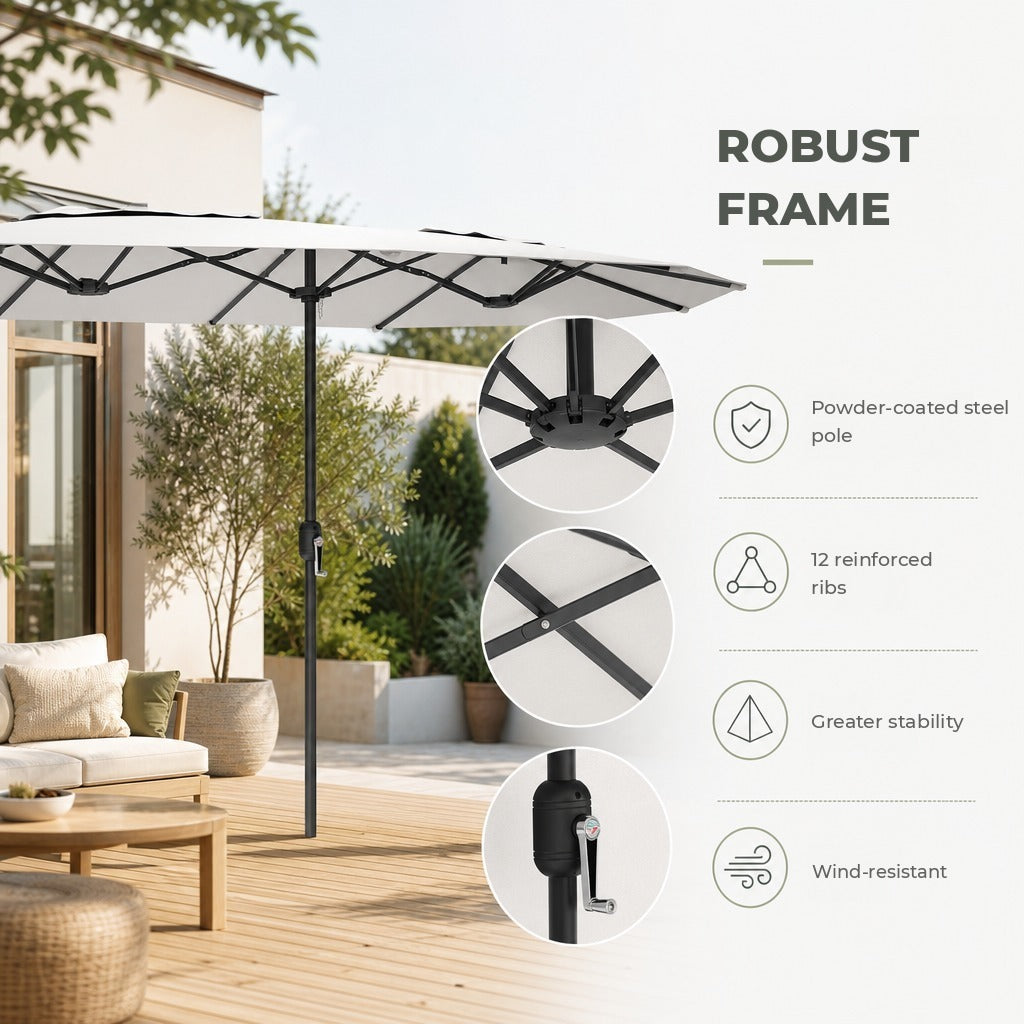 Chapéu de Sol Duplo 4,6x2,6 m Chapéu de Sol de Exterior com Manivela Manual Proteção UV50+ Capa Protetora, Resistente à Água Chapéu de Sol para Jardim Terraço Pátio, Branco — Características | Features