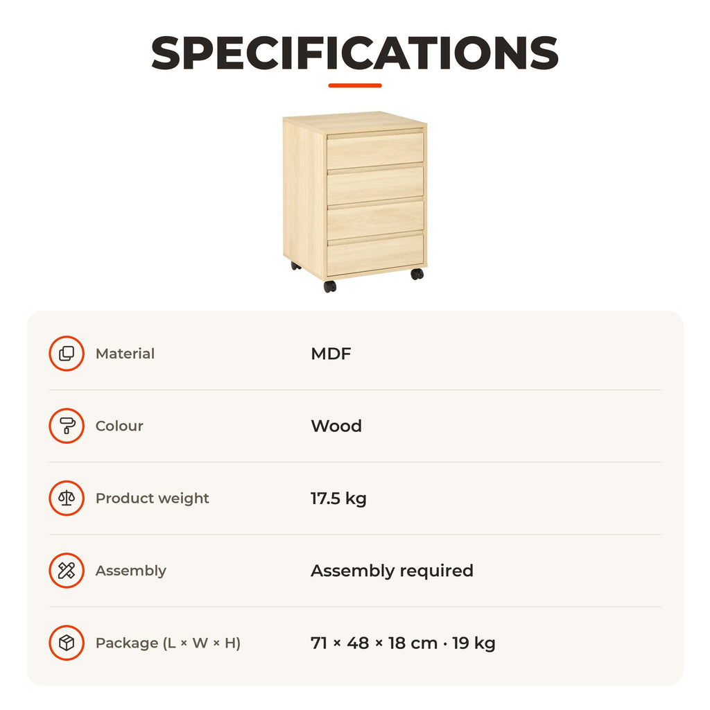 Bloco de Gavetas de Escritório com 4 Gavetas Bloco de Gavetas para Secretária com Rodas Arquivador Móvel para Estudo 46x40x65 cm Madeira — Especificações | Specifications
