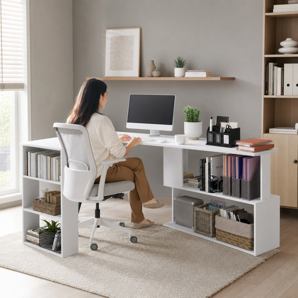 Secretária para Computador Mesa de Canto Rotação 360° Multiformes para Casa, Escola e Escritório 5 Prateleiras Estante Branca — Ambiente | Lifestyle