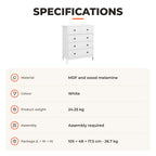 Cómoda de Dormitório Cómoda Branca com 5 Gavetas e Puxadores Cómoda Alta para Sala de Estar Estúdio Estilo Moderno 74x40x91 cm Branco — Especificações | Specifications