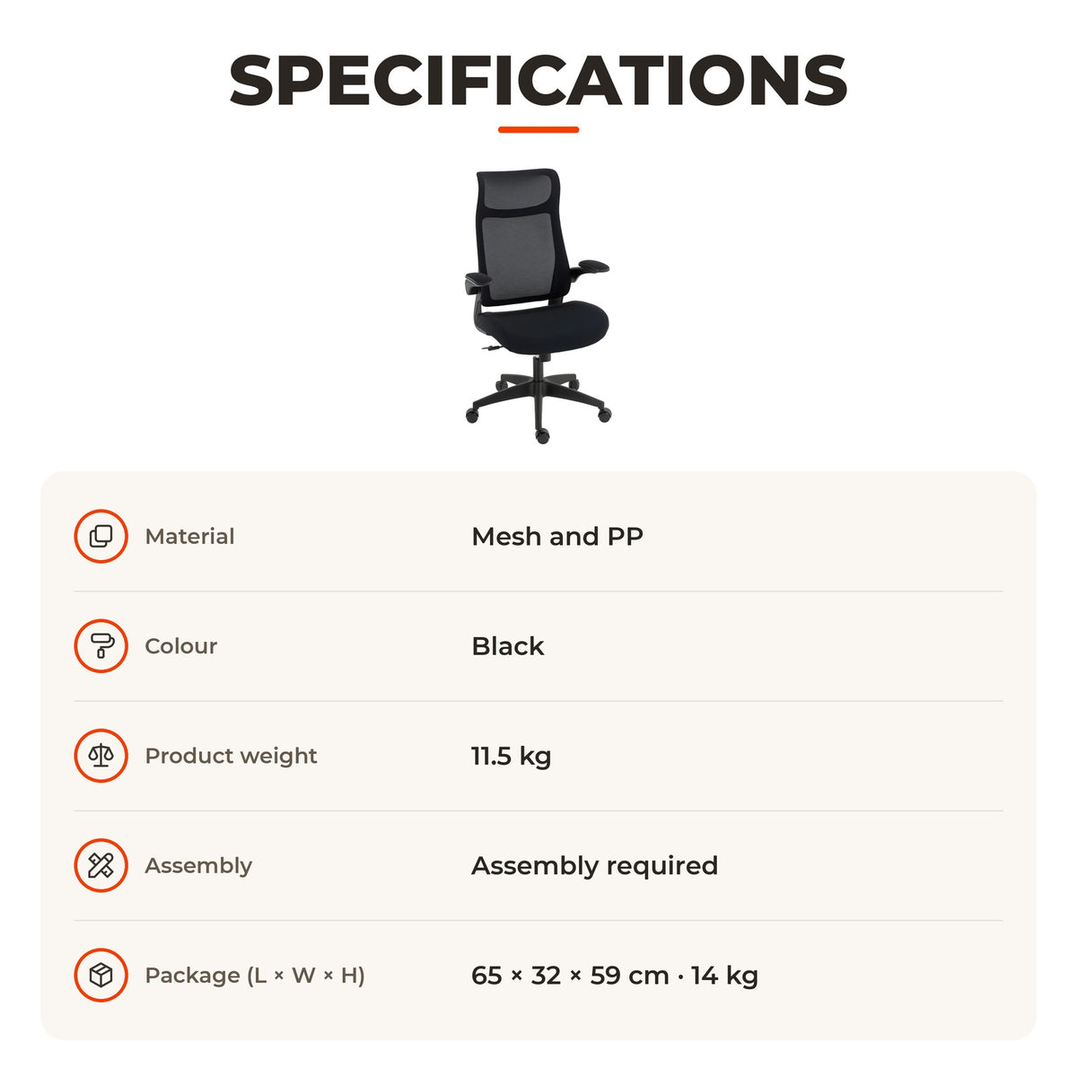 Cadeira de Escritório Ergonómica Cadeira de Escritório Giratória com Suporte Lombar e Apoios de Braços 3D Dobráveis Apoio de Cabeça Integrado Função de Basculante e Altura — Especificações | Specifications