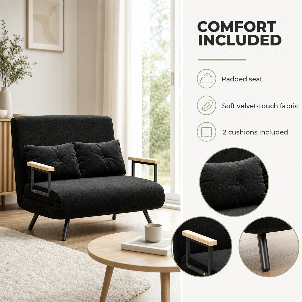 Sofá Cama Sofá Convertível em Cama de 2 Lugares Dobrável com Encosto Ajustável em 5 Níveis e 2 Almofadas Acolchoadas para Escritório Dormitório Sala de Estar 102x73x81 cm Preto — Características | Features