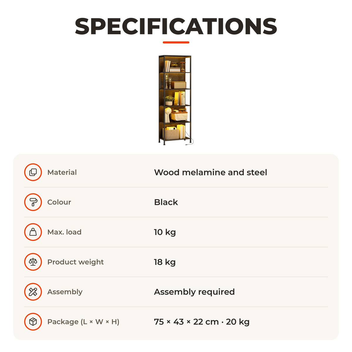 Estante de 5 Níveis com Luzes LED de 7 Cores Estante para Livros 60x30x179 cm Estante Industrial com Estrutura de Aço para Sala Quarto Escritório Preto — Especificações | Specifications