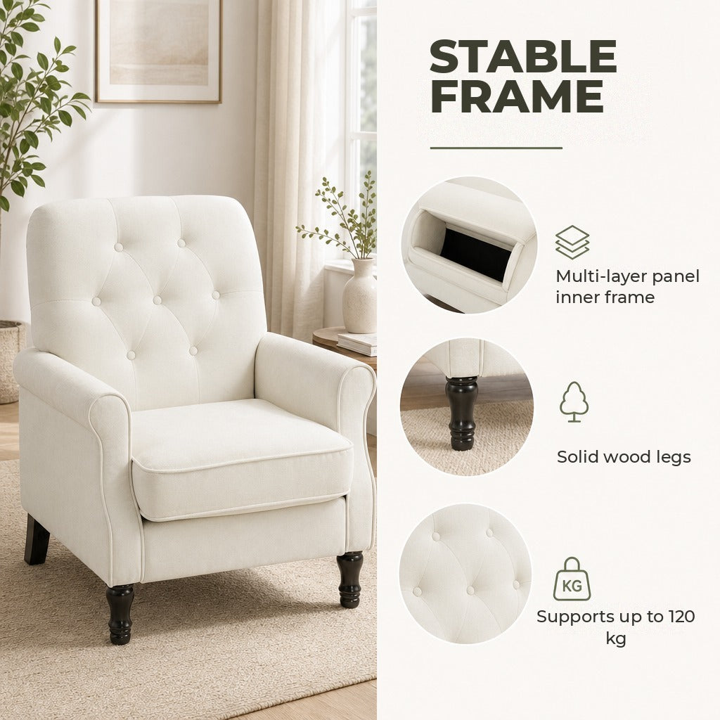 Poltrona Relax, Sofá Individual, Estofado em Linho, Assento Acolchoado Grosso, Encosto Alto Capitoné, Pés de Madeira Maciça, Cadeira para Sala, Quarto e Escritório, Creme — Características | Features