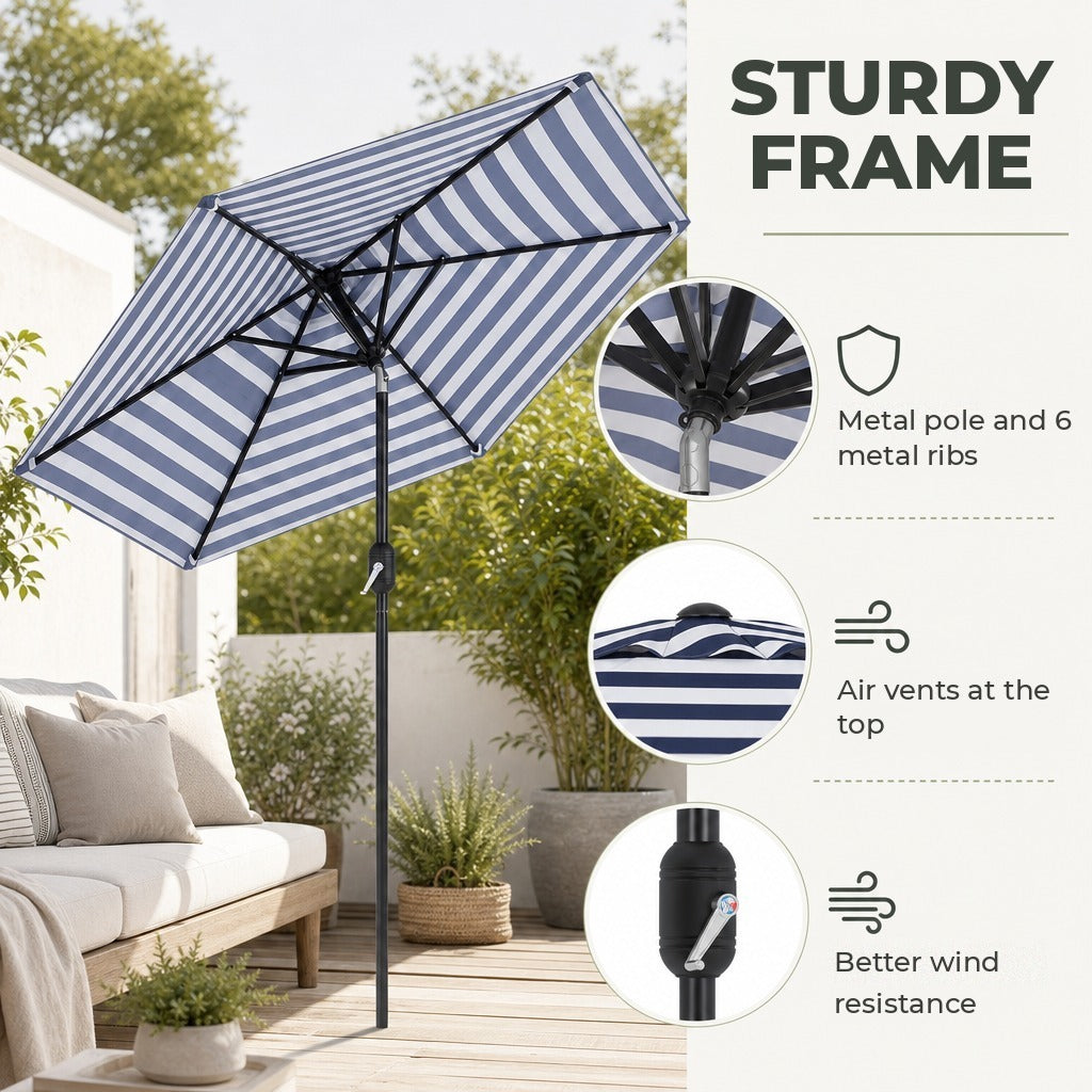 Chapéu de Sol Exterior Ø230 cm Chapéu de Sol de Jardim com Ângulo Ajustável e Manivela Impermeável Chapéu de Sol para Pátio Terraço Azul e Branco — Características | Features