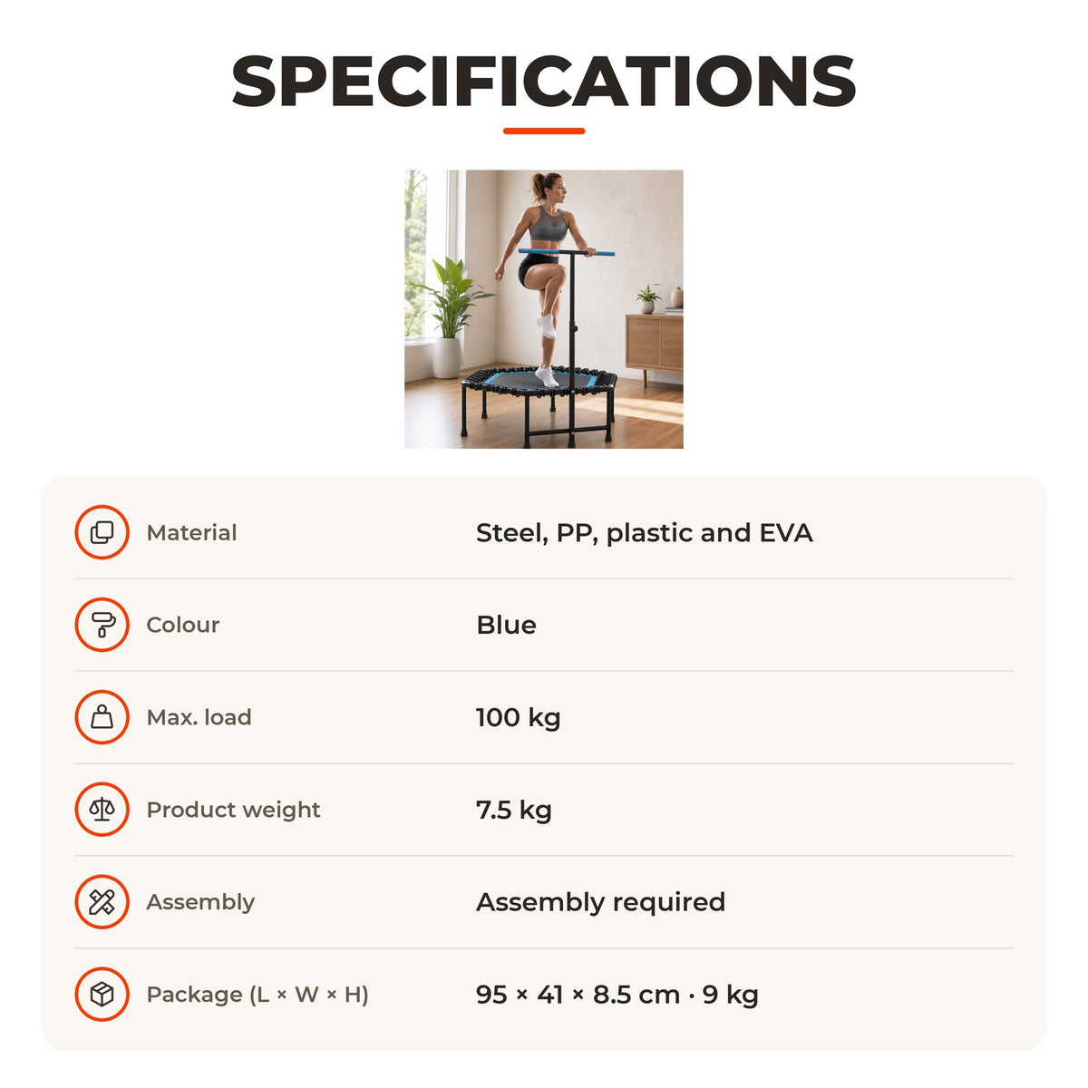 Trampolim Fitness 114x114x132 cm Trampolim Fitness com Guiador Ajustável em 3 Níveis Estrutura de Aço para Treino de Perna Corpo em Casa Escritório Ginásio Azul — Especificações | Specifications