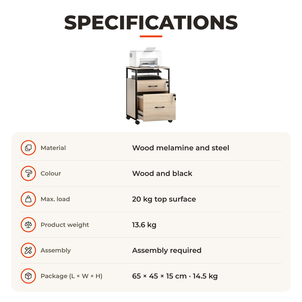 Bloco de Gavetas com Fechadura Bloco de Gavetas Escritório com Rodas 2 Gavetas Barra Suspensa para Papéis A4 e Carta e 2 Chaves 44x40x66,5 cm Madeira — Especificações | Specifications
