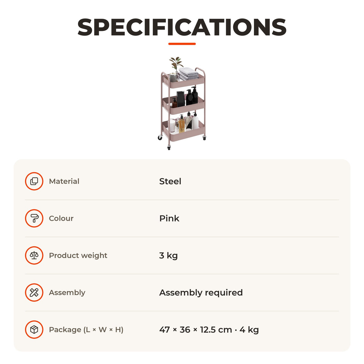 Carrinho Auxiliar de 3 Níveis com Rodas Carrinho de Armazenamento Deslizante com 3 Prateleiras 4 Rodas e 2 Travões para Cozinha Sala 45x30.6x79 cm Rosa — Especificações | Specifications