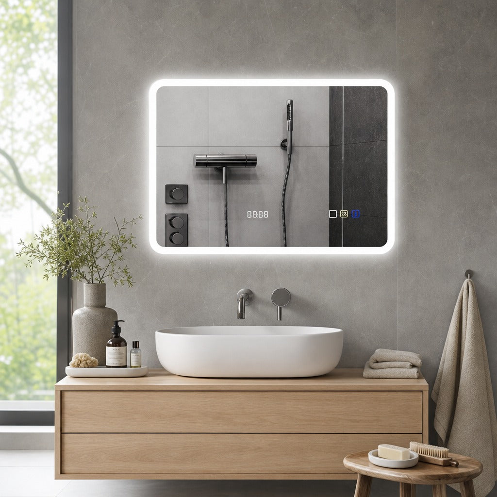 Espelho de Casa de Banho com Luz LED 70x50 cm Espelho de Parede com Bluetooth 3 Cores de Luz Relógio Digital Função Antiembaciamento Função de Memória Interruptor Tátil IP44 Prata — Ambiente | Lifestyle
