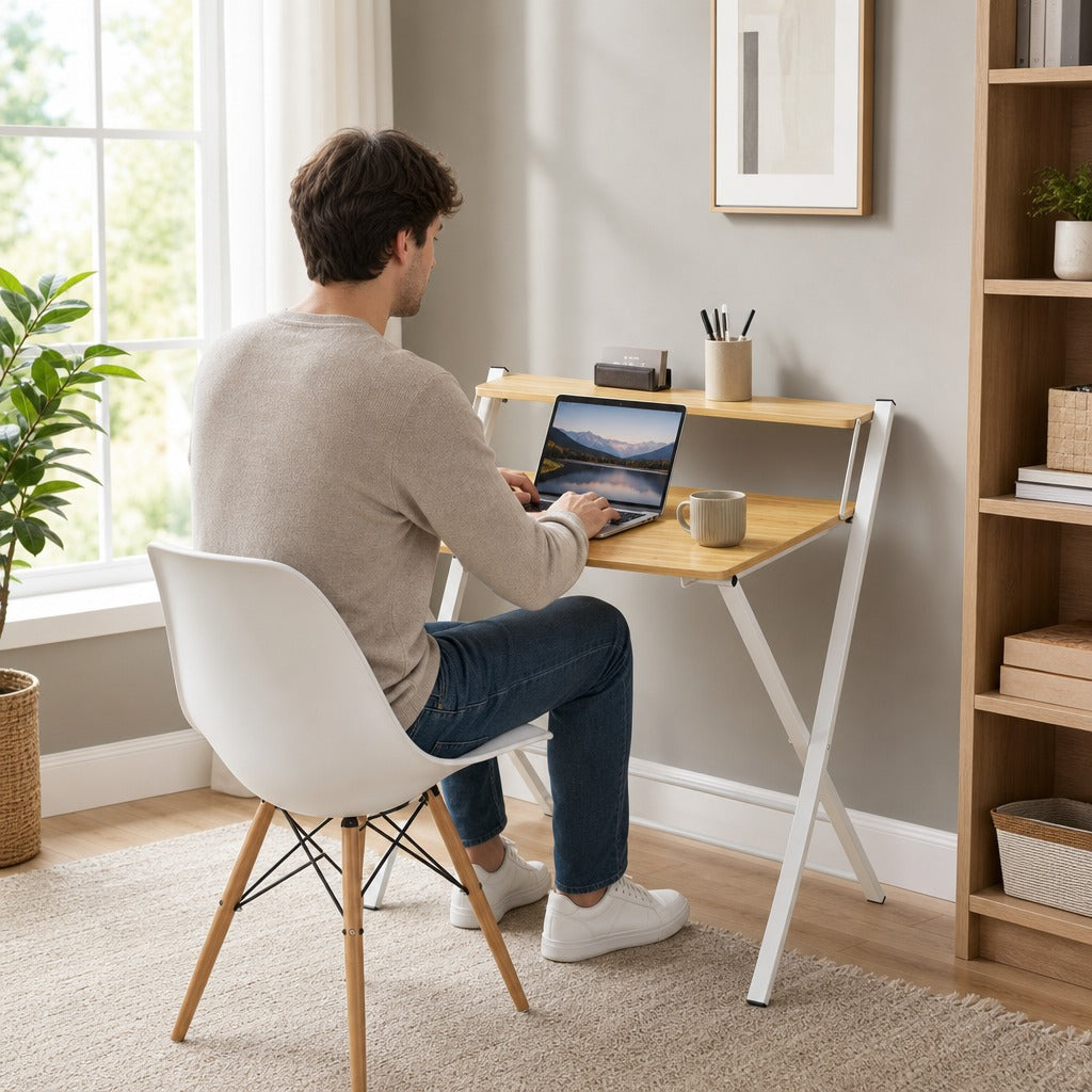 Secretária Dobrável Mesa de Computador Dobrável com Prateleira Aberta Secretária Pequena para Escritório Casa 86x66x82 cm Madeira — Ambiente | Lifestyle