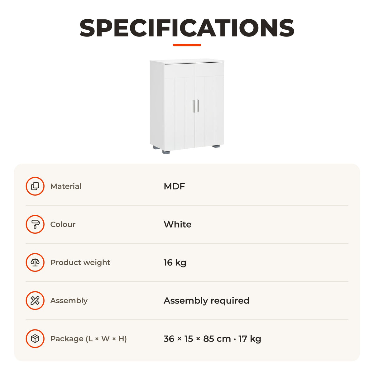 kleanklin Armário de Casa de Banho com 2 Portas e 2 Prateleiras Ajustáveis em 7 Níveis Móvel Auxiliar de Armazenamento para Sala de Estar Cozinha 60x30x80cm Branco — Especificações | Specifications