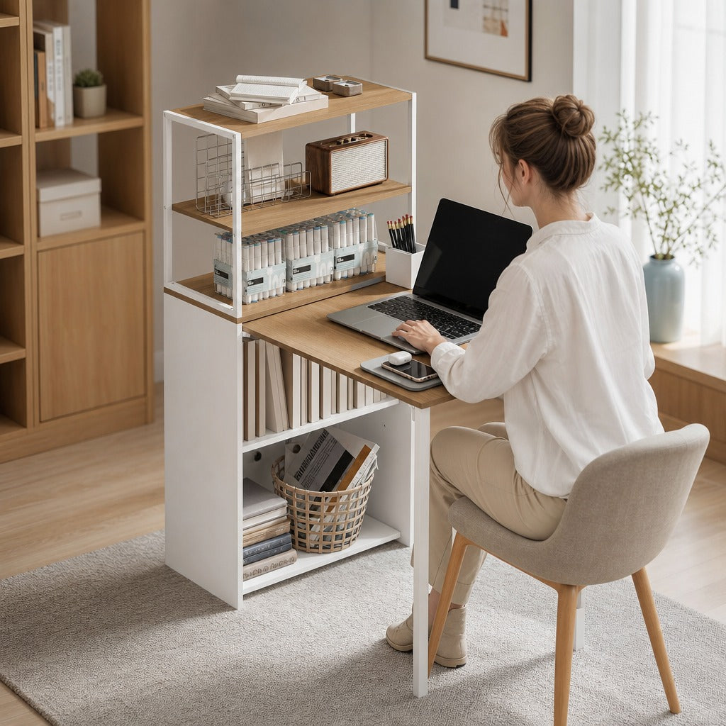 Secretária Dobrável com Estante Mesa de Secretária com 4 Prateleiras Mesa de Computador para Espaços Pequenos Estúdio, Escritório em Casa 105x60x127 cm Madeira — Ambiente | Lifestyle