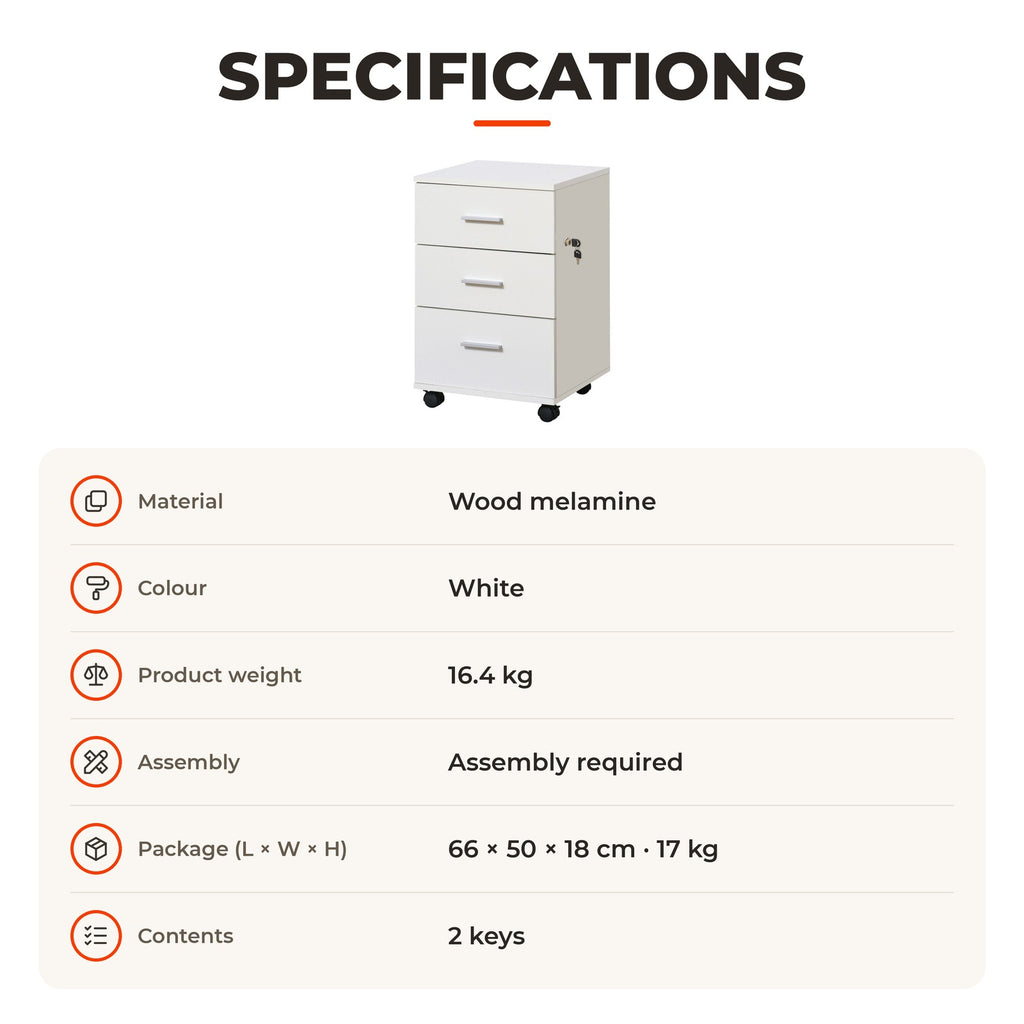 Bloco de Gavetas para Escritório Móvel de Arquivos com 3 Gavetas 4 Rodas e Fechadura com 2 Chaves para Escritório Secretária Casa 40x40x61,5 cm Branco — Especificações | Specifications