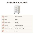 Bloco de Gavetas para Escritório Móvel de Arquivos com 3 Gavetas 4 Rodas e Fechadura com 2 Chaves para Escritório Secretária Casa 40x40x61,5 cm Branco — Especificações | Specifications
