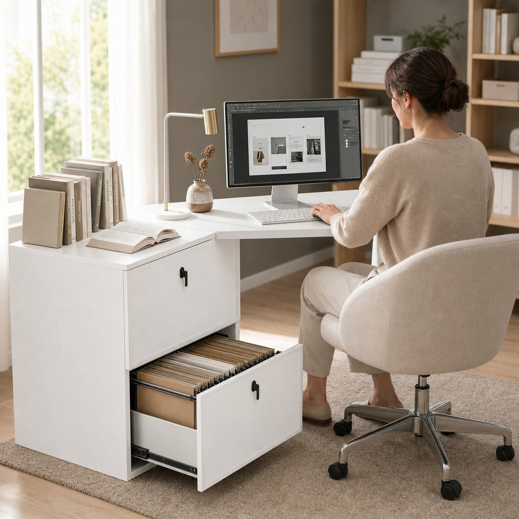 Secretária Reversível em Forma de L, Secretária de Canto com 2 Gavetas Arquivadoras A4, Design Moderno para Espaços Pequenos, Escritório em Casa, Branco — Ambiente | Lifestyle
