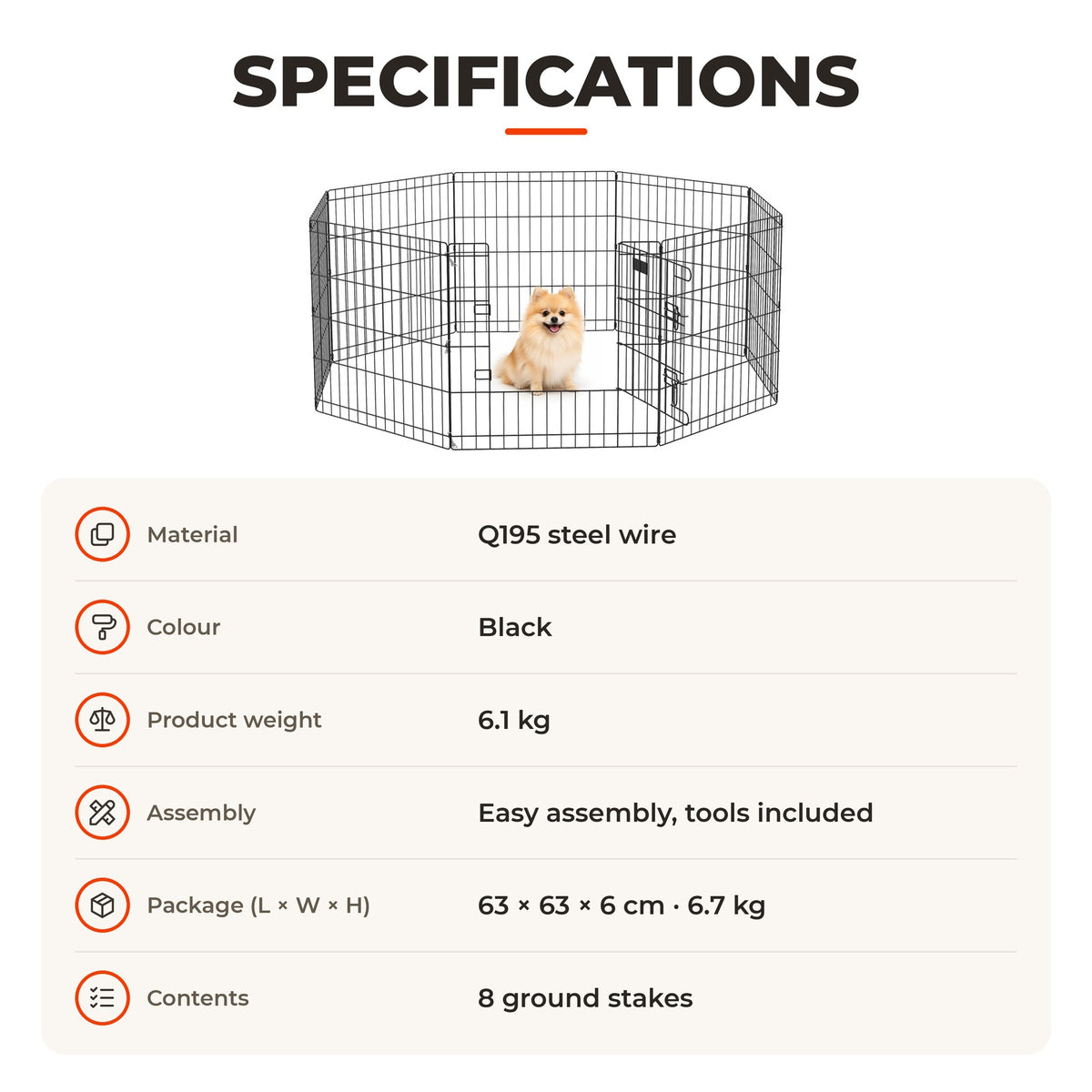 Parque para Cães 8 Painéis 61x61cm Dobráveis Gaiola Metálica para Animais de Estimação com Porta e Dupla Fechadura para Jardim Pátio Exterior Preto — Especificações | Specifications