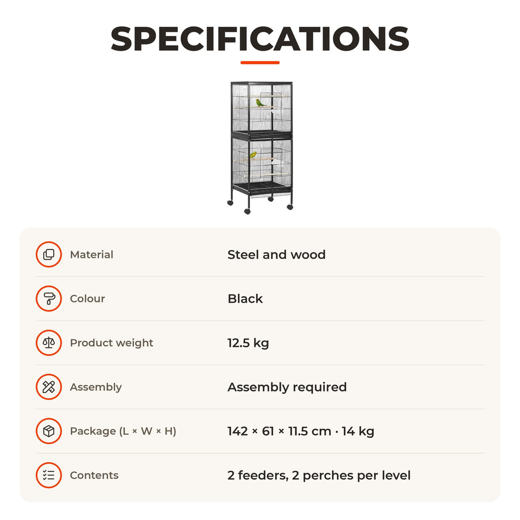 Gaiola para Pássaros com Rodas Gaiola Grande de 2 Níveis com Bandejas Removíveis Portas Comedouros Poleiros para Canários Periquitos 51,5x50x140 cm Preto — Especificações | Specifications