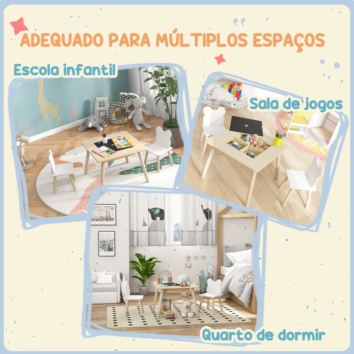 Conjunto de Mesa e 2 Cadeiras de Madeira Mesa Infantil com Cadeiras com Encosto em Forma de Ursinho e Compartimentos Ocultos para Crianças para Escola Infantil Quarto Madeira e Branco — foto 7