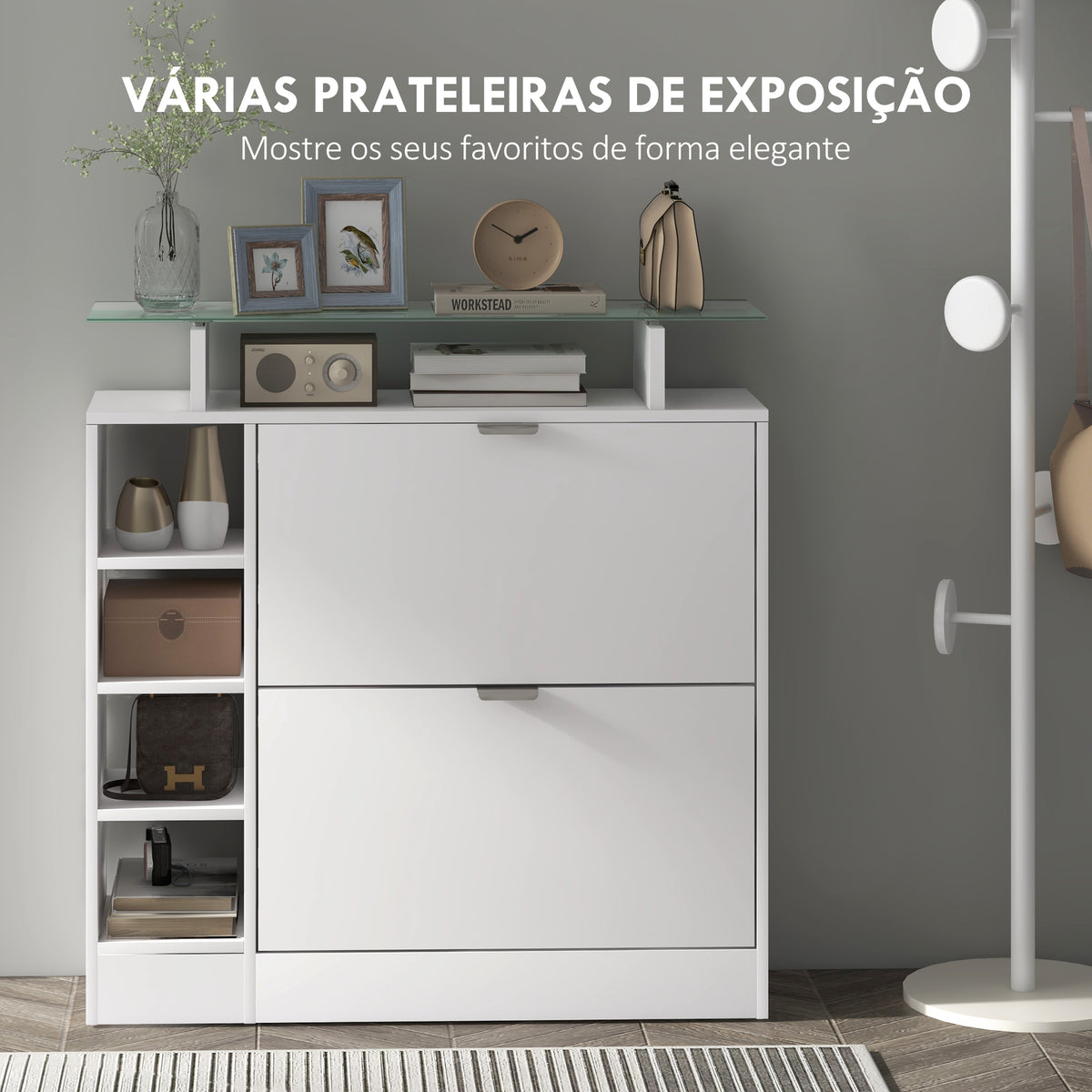 Sapateiro Moderno Sapateiro de Entrada Hall com Gavetas Basculantes, Prateleiras Ajustáveis e Prateleiras Abertas para 12 Pares de Sapatos Sapateiro Estreito para Corredor 89x25x92 cm Branco — foto 5