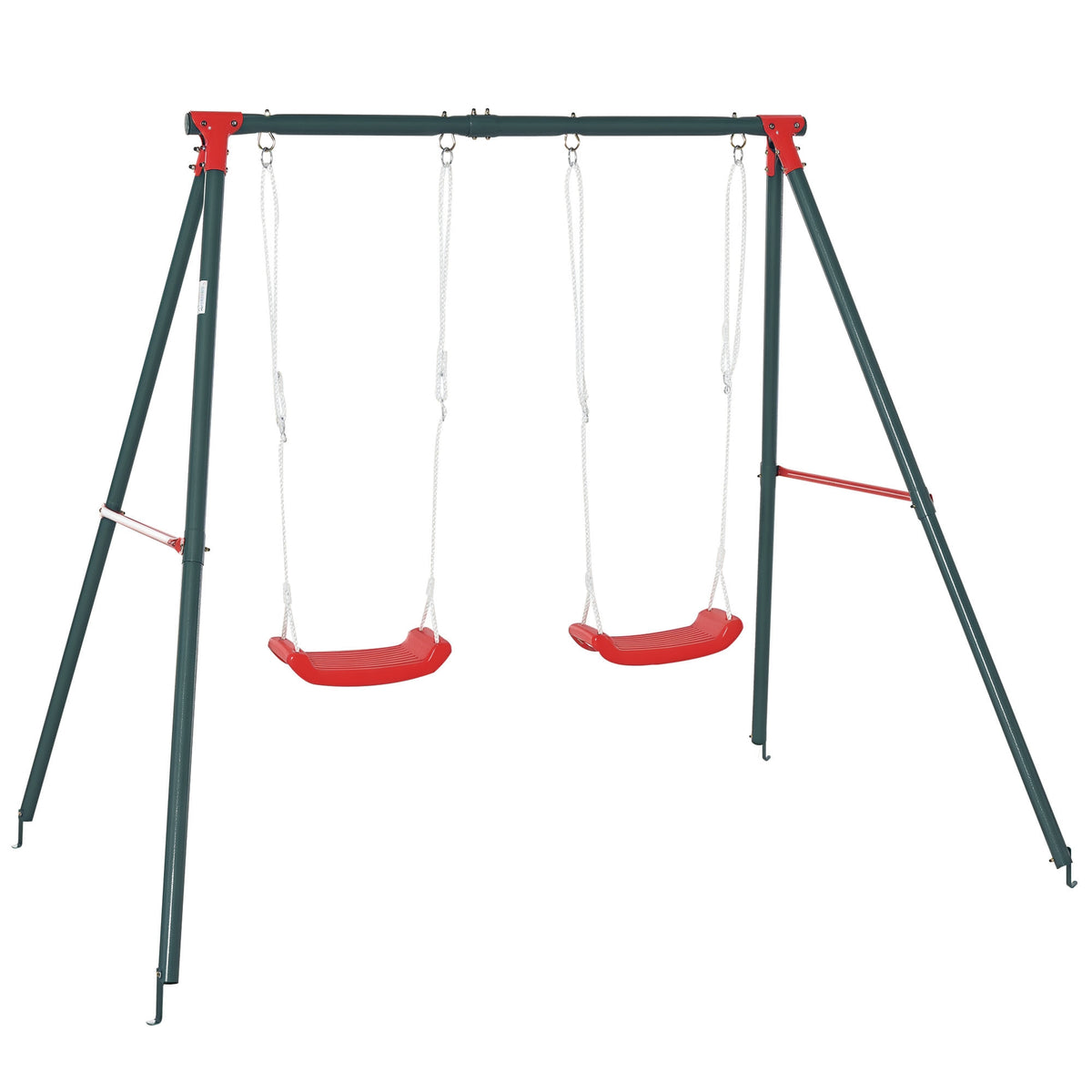 Conjunto de Baloiços para Crianças acima de 3 Anos com Suporte de Metal Baloiço Duplo com Corda Ajustável para Exterior Carga Máx. 40kg 220x160x180 cm Verde e Vermelho — foto 1