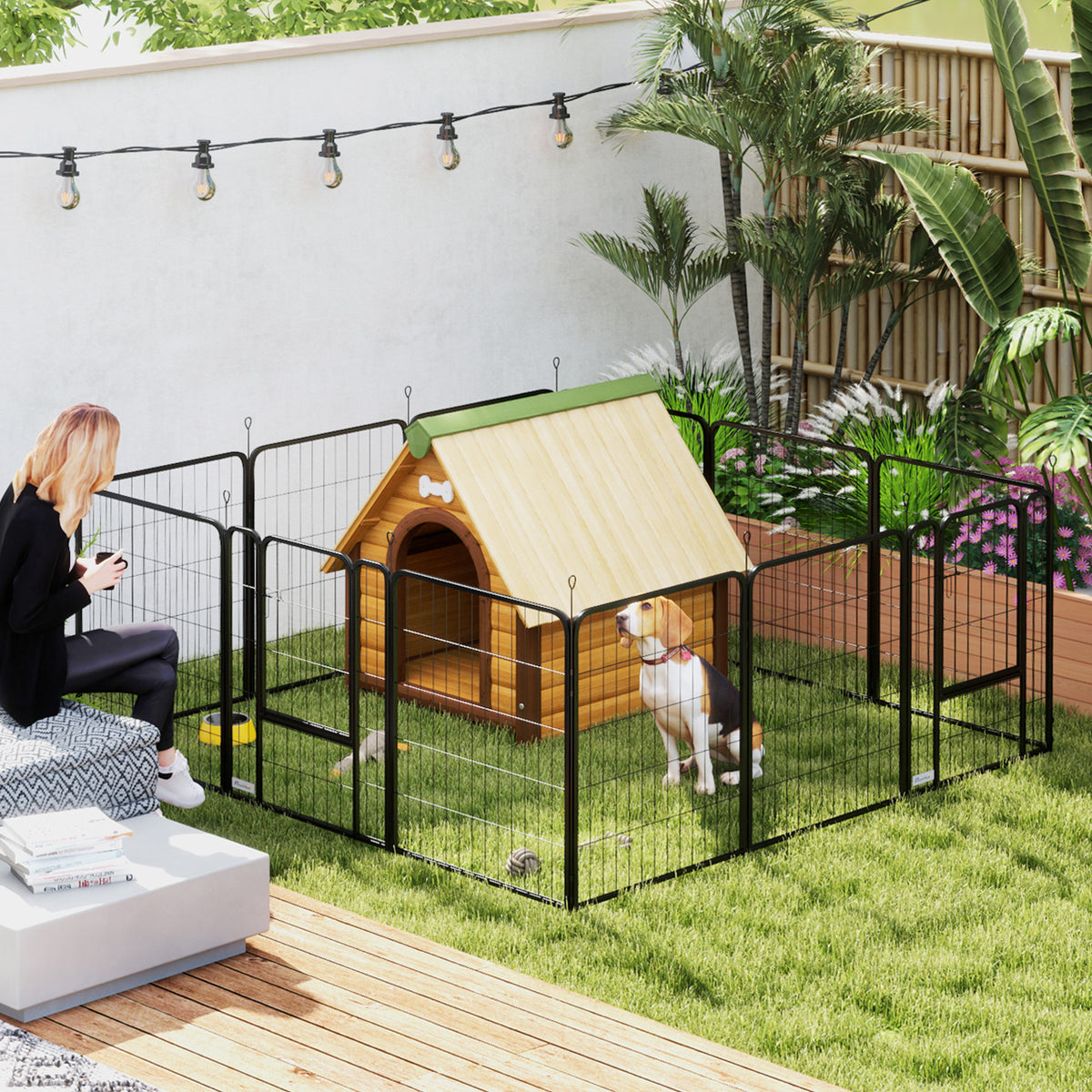 Parque para Cães de 12 Painéis 68x80 cm Parque Dobrável para Cães Médios com Portas Fecho e Estacas para Interior e Exterior Preto — foto 2