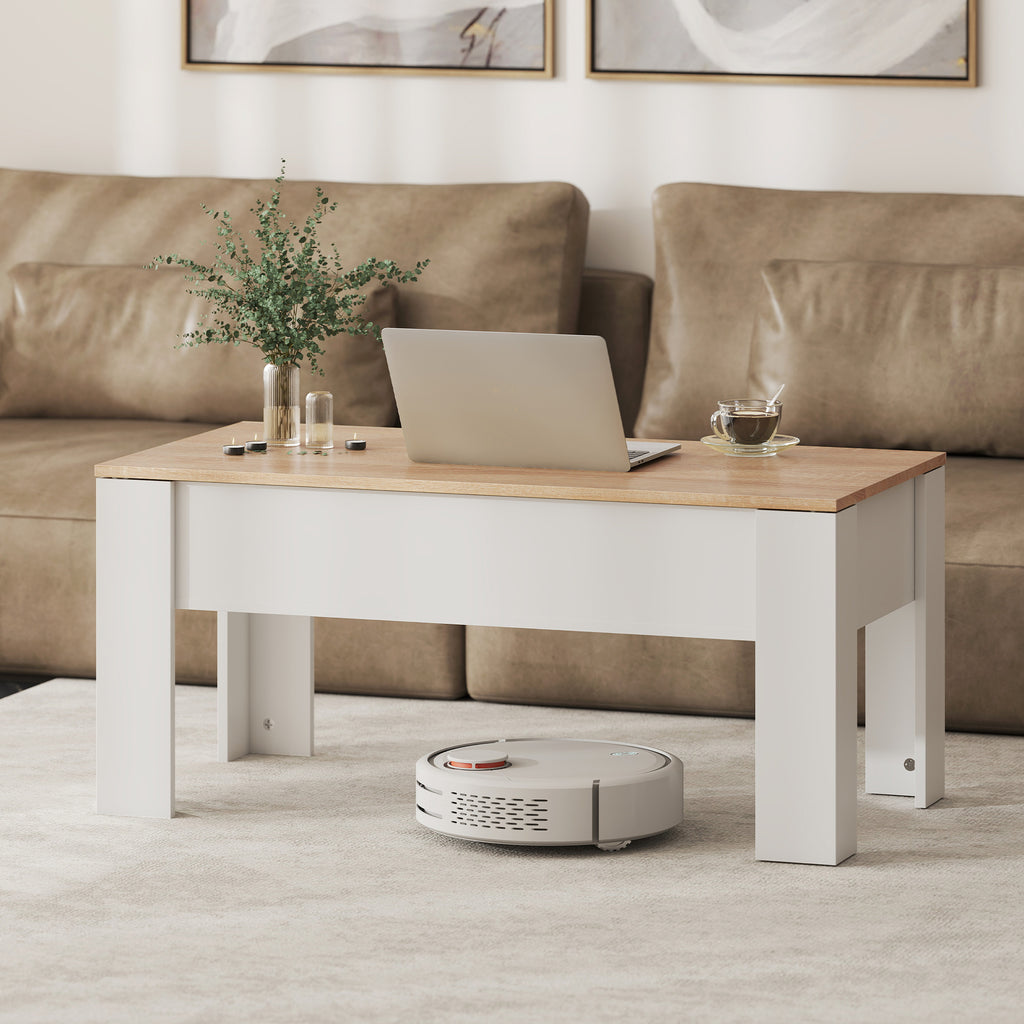 Mesa de Centro com Bancada Elevatória Mesa de Café com Compartimento Aberto e Oculto 100x50x45-58,5 cm Branco e Madeira — foto 8