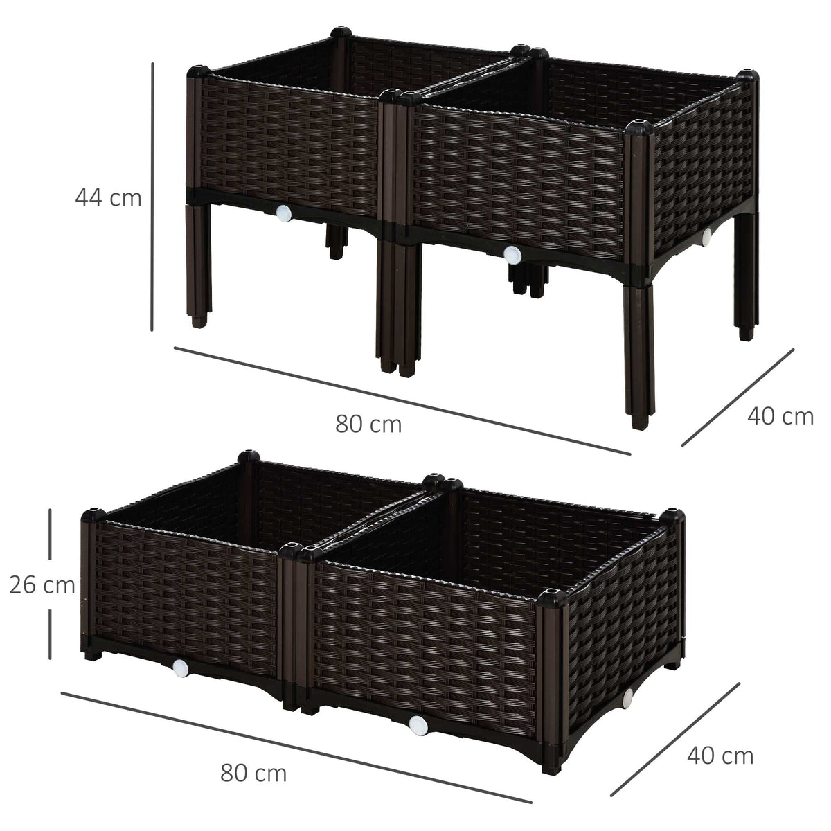 Conjunto de 4 Floreiras Quadradas Floreiras para Flores e Vegetais com Orifícios de Drenagem e Pés Altos 80x40x26-44 cm Marrom — foto 3