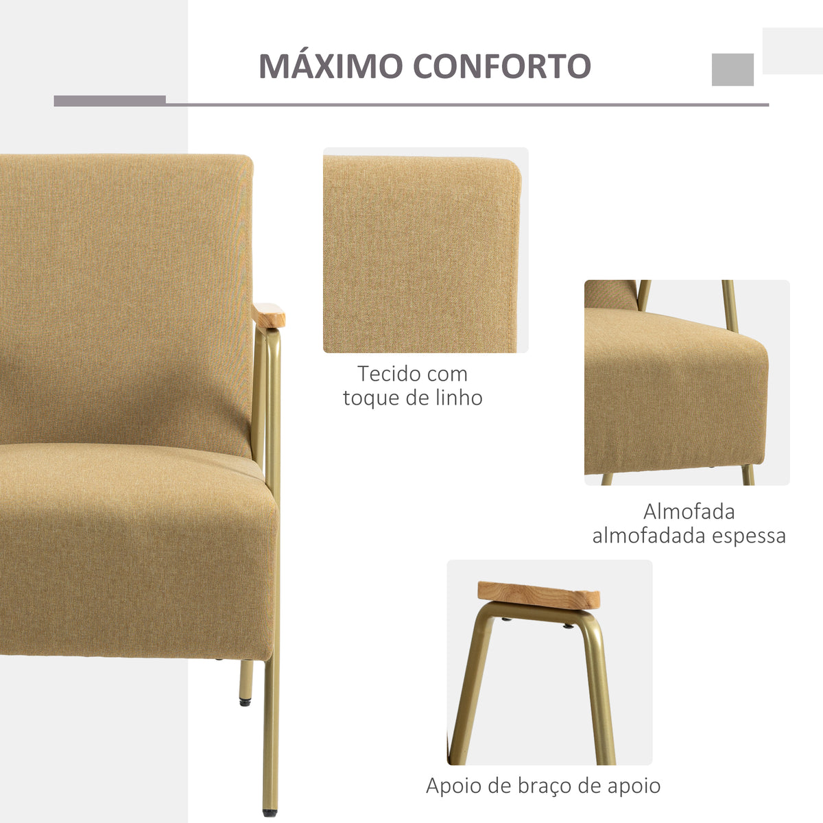 Poltrona de Sala Poltrona Individual com Apoios de Braços Estrutura em Aço Dourado Estilo Moderno para Sala de Estar Quarto 62x81x92 cm Castanho — foto 5