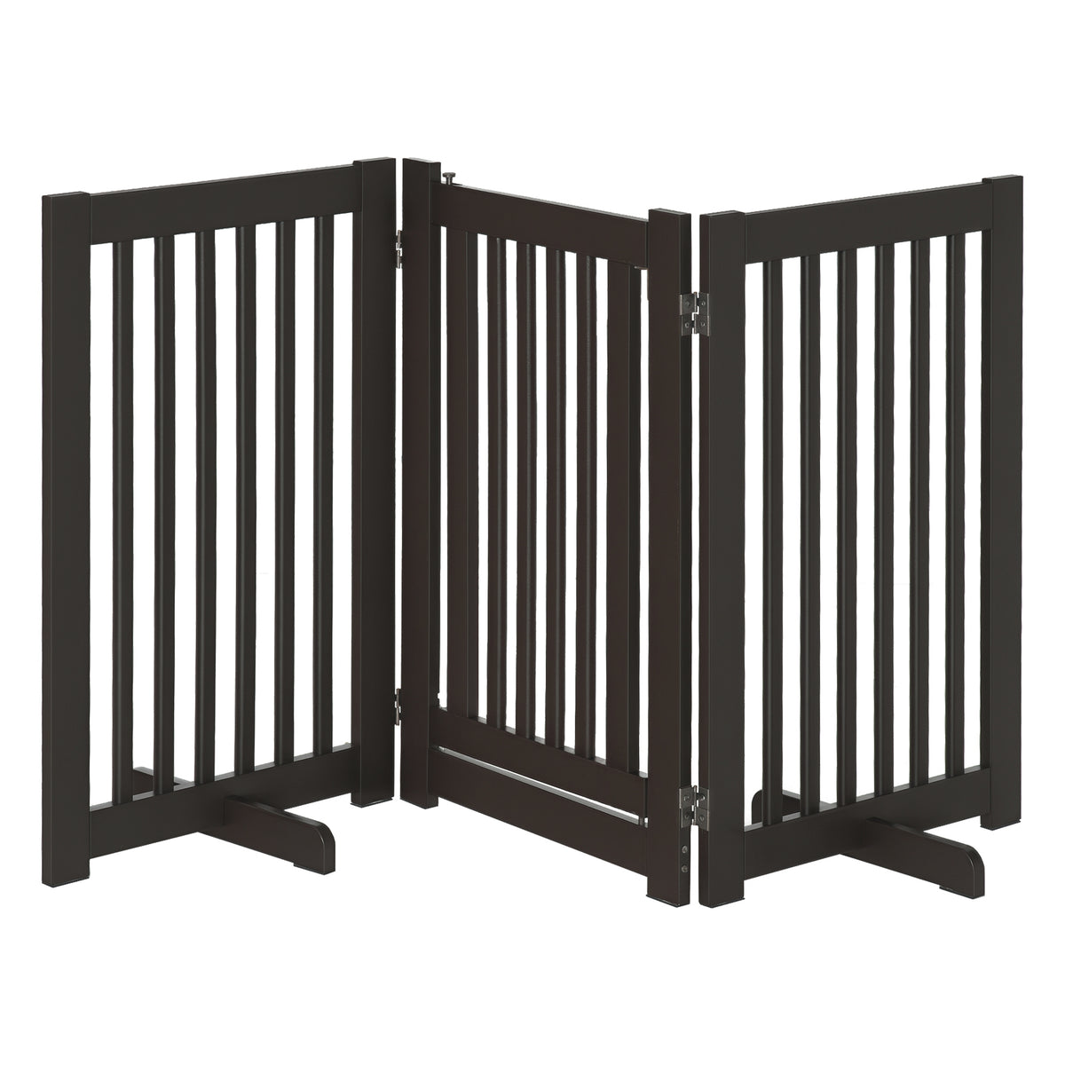 Barreira para Cães de Madeira Barreira para Animais de Estimação Dobrável de 3 Painéis com 1 Porta e Pés de Apoio para Corredor Escada 155x35,5x76 cm Marrom Escuro — foto 1
