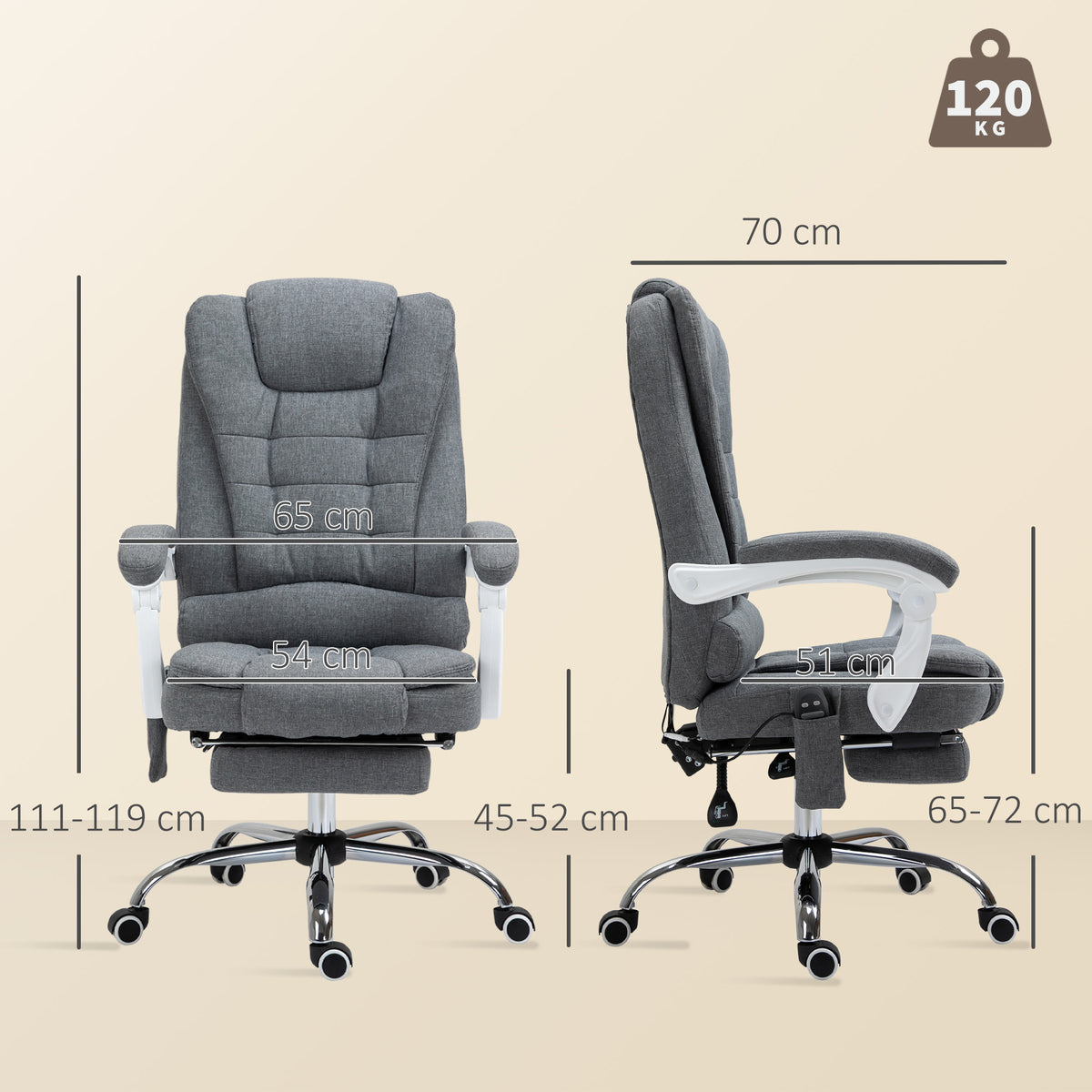 Cadeira de Massagem com 6 Pontos de Massagem Cadeira de Escritório Reclinável com Altura Ajustável Função de Aquecimento Apoio para os Pés e Controlo Remoto 65x70x111-119 cm Cinza — foto 3